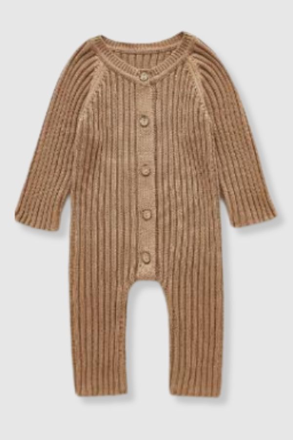 100% Cotton Knit Romper - Beige