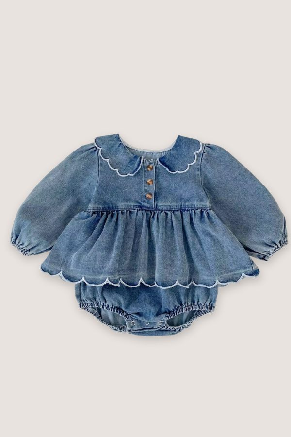 (PREORDER JULY) 100% Cotton Denim Scalloped Bubble Romper