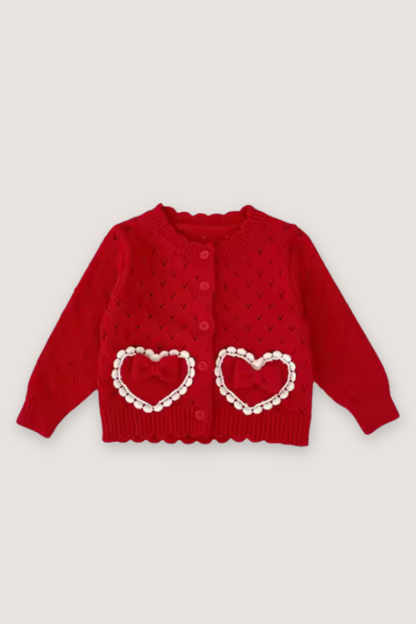 (PREORDER SEPTEMBER) 100% Cotton Heart Detail Sweater Cardigan - Red