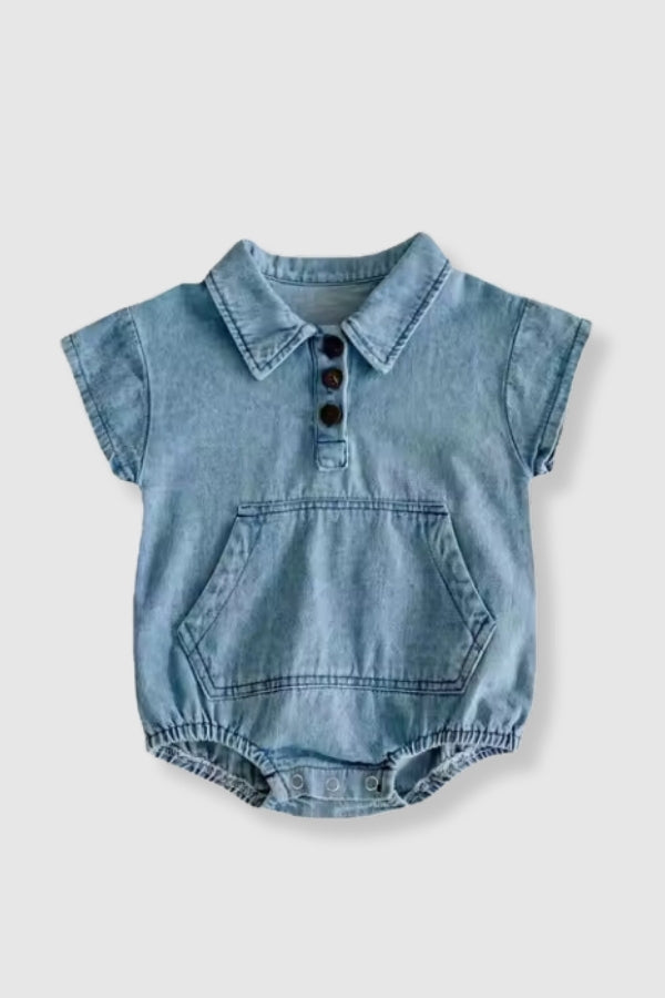 (PREORDER JUNE) 100% Cotton Denim Collared Bubble Romper