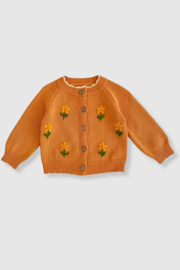 100% Cotton Knit Sweater Cardigan with Flower Embroidery - Orange