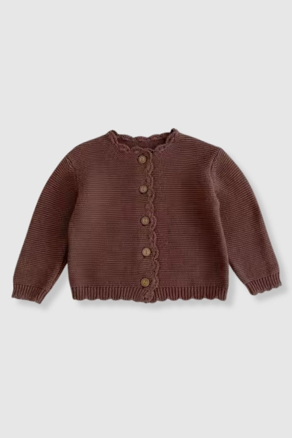 100% Cotton Knit Scalloped Sweater Cardigan - Brown