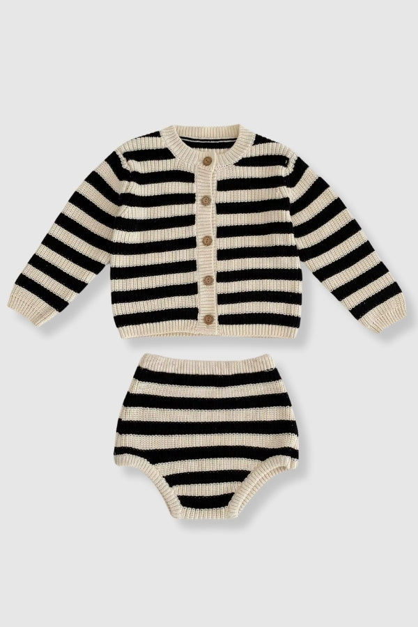 100% Cotton Knit Sweater Two - Piece Set - Black/White