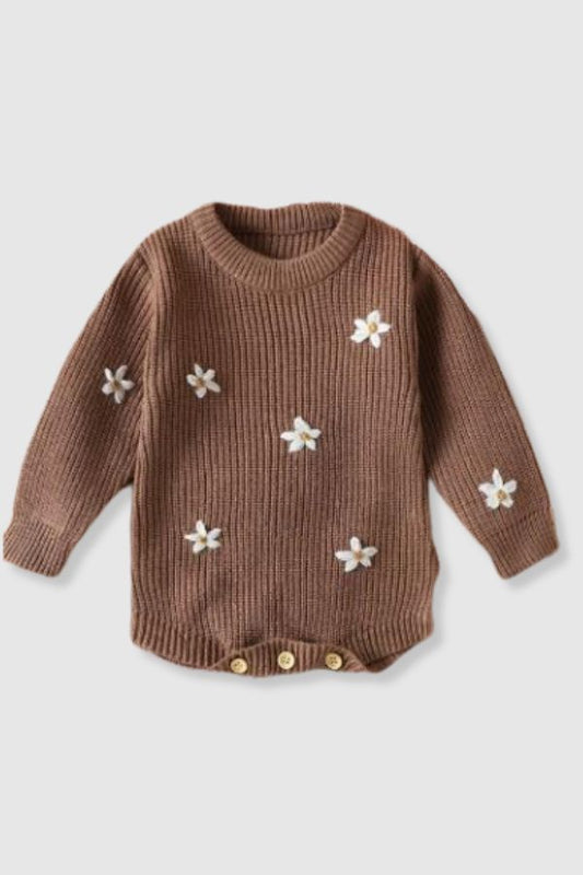 100% Cotton Knit Sweater Onesie with Embroidered Flower Detail - Brown
