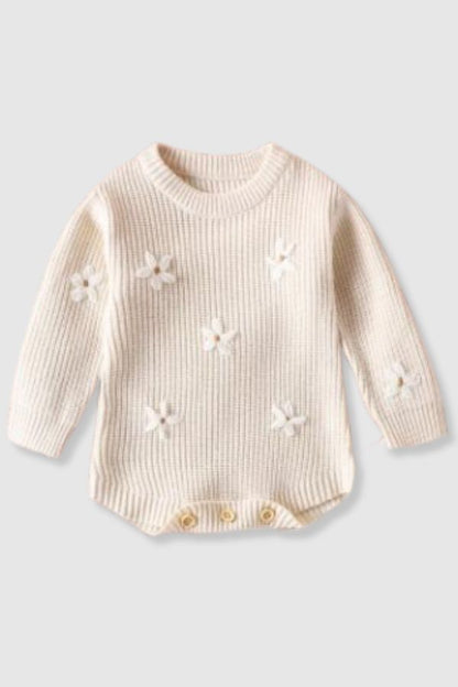 100% Cotton Knit Sweater Onesie with Embroidered Flower Detail - Cream