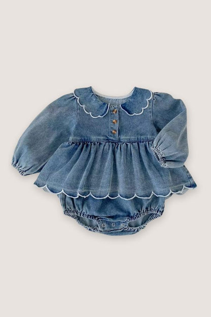 (PREORDER JULY) 100% Cotton Denim Scalloped Bubble Romper