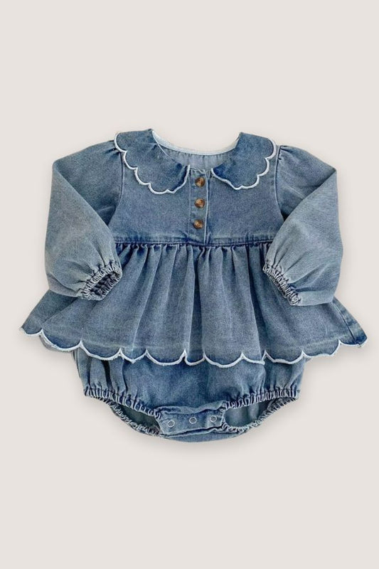(PREORDER JULY) 100% Cotton Denim Scalloped Bubble Romper