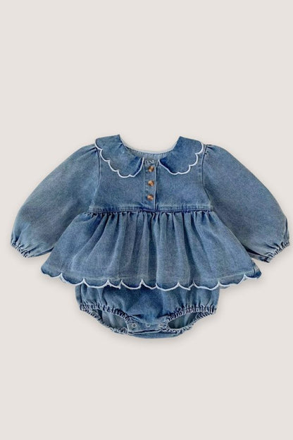(PREORDER JULY) 100% Cotton Denim Scalloped Bubble Romper