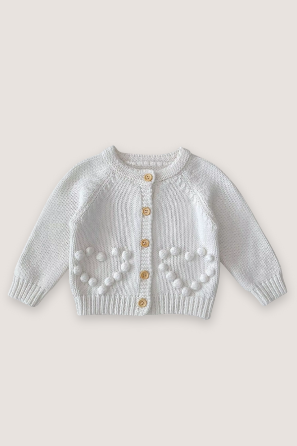 (PREORDER SEPTEMBER) 100% Cotton Puff Detail Heart Sweater Cardigan - Ivory