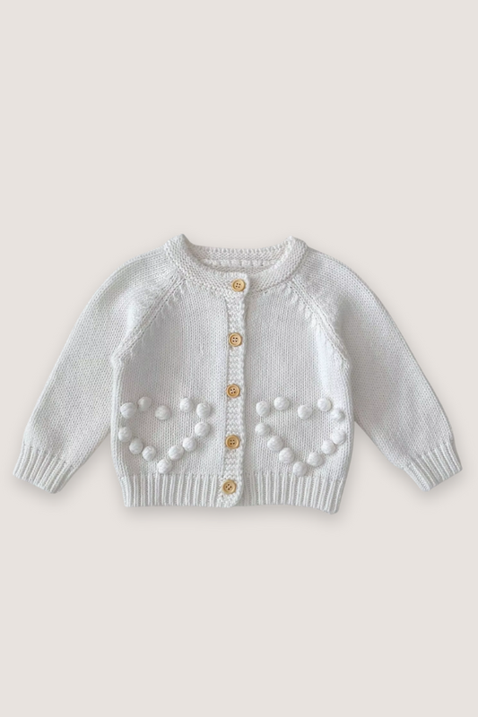 (PREORDER SEPTEMBER) 100% Cotton Puff Detail Heart Sweater Cardigan - Ivory
