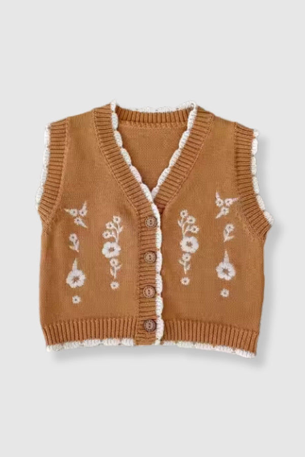 100% Cotton Knit Sweater Vest with Floral Embroidery - Mustard | Mommy & Me