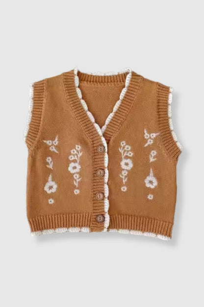 100% Cotton Knit Sweater Vest with Floral Embroidery - Mustard | Mommy & Me