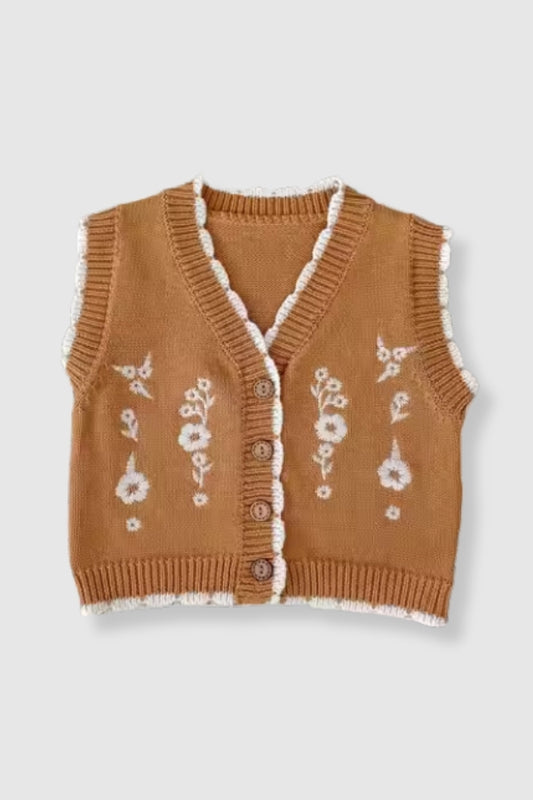 100% Cotton Knit Sweater Vest with Floral Embroidery - Mustard | Mommy & Me