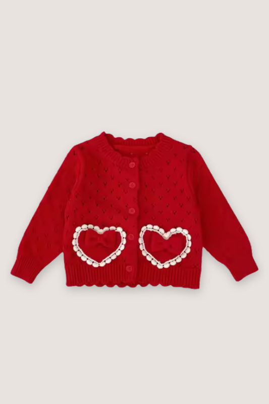 (PREORDER SEPTEMBER) 100% Cotton Heart Detail Sweater Cardigan - Red