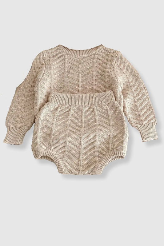 100% Cotton Knit Sweater Set with Line Detail - Sand