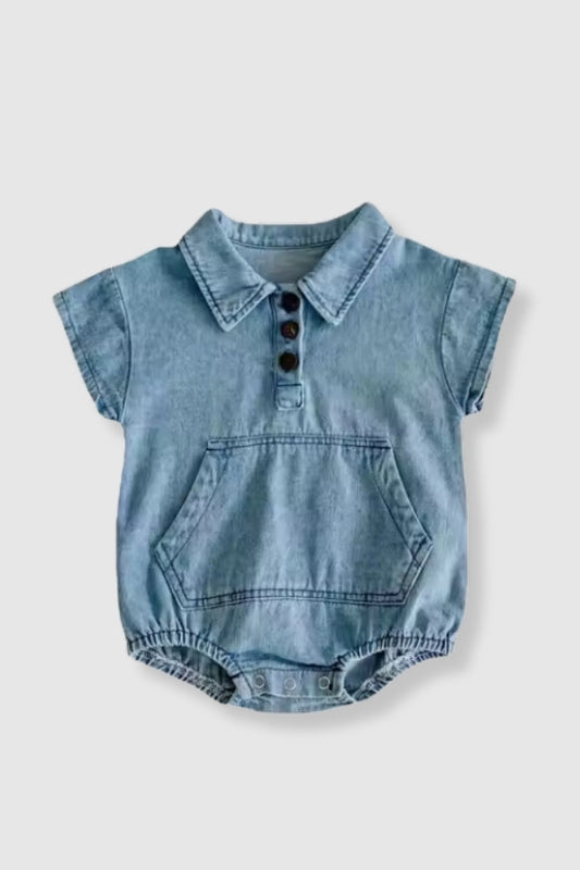(PREORDER JUNE) 100% Cotton Denim Collared Bubble Romper