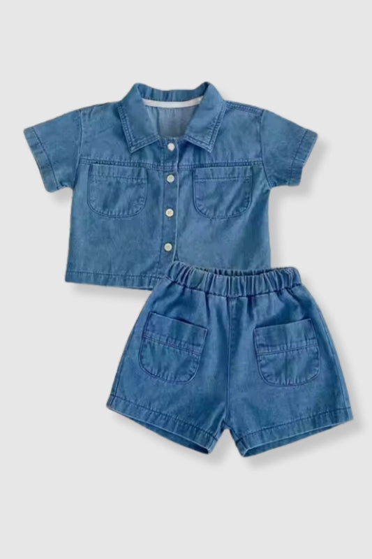 Denim Collared Two-Piece Set 100% Cotton