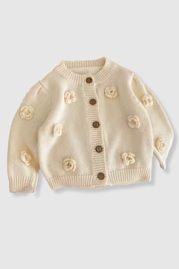 100% Cotton Knit Sweater Cardigan with Floral Detail - Cream