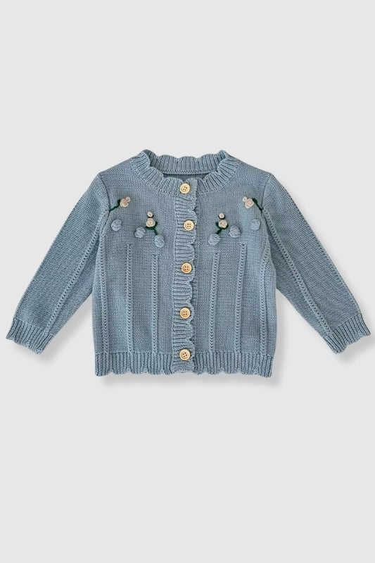 100% Cotton Knit Sweater Cardigan with Floral Embroidery - Blue