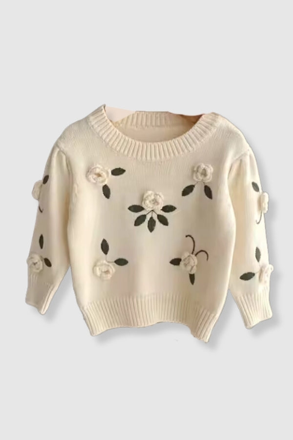 100% Cotton Knit Sweater with Floral Embroidery Detail - Cream