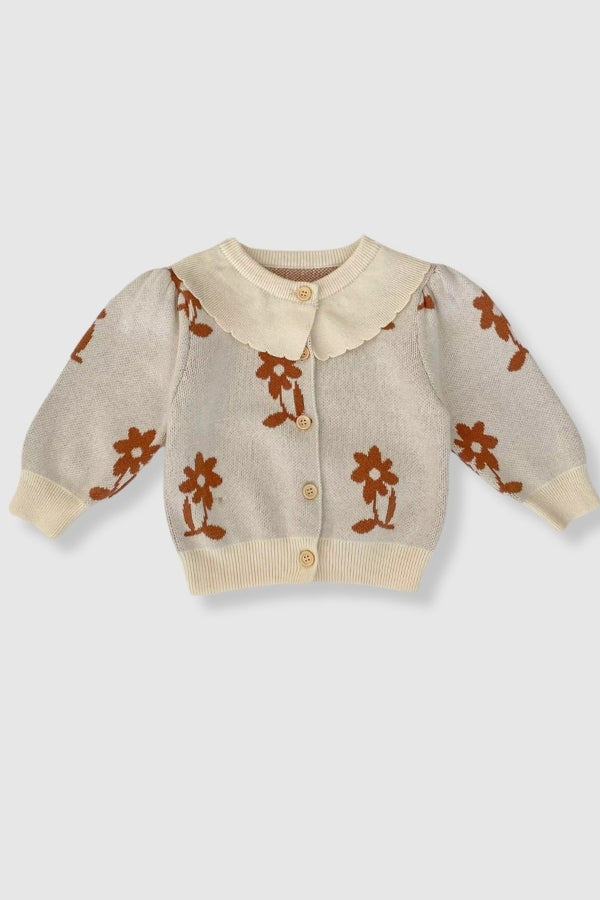 100% Cotton Knit Sweater with Peter Pan Collar and Floral Detail