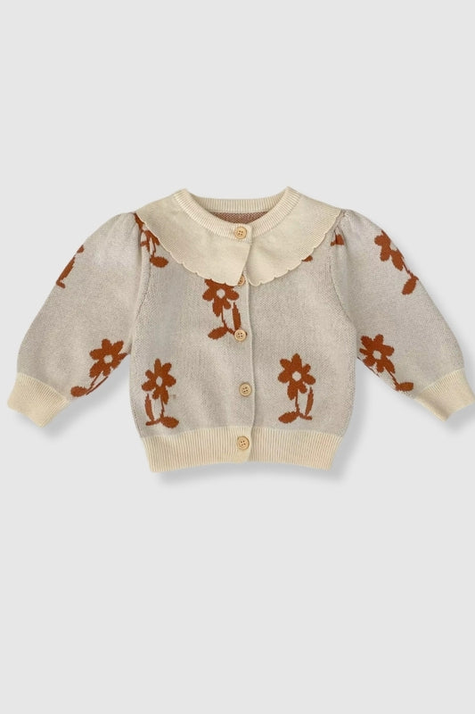 100% Cotton Knit Sweater with Peter Pan Collar and Floral Detail