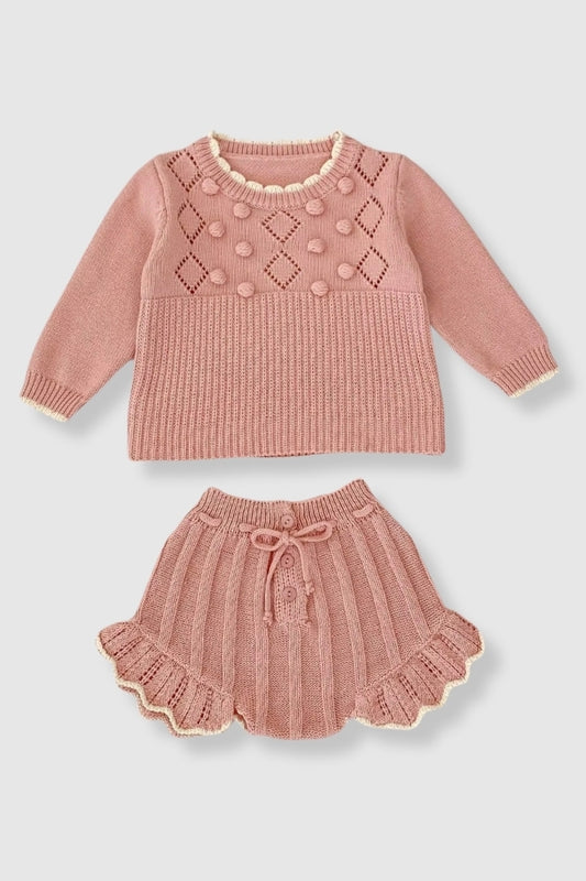 100% Cotton Knit Sweater Set with Flutter Detail - Pink