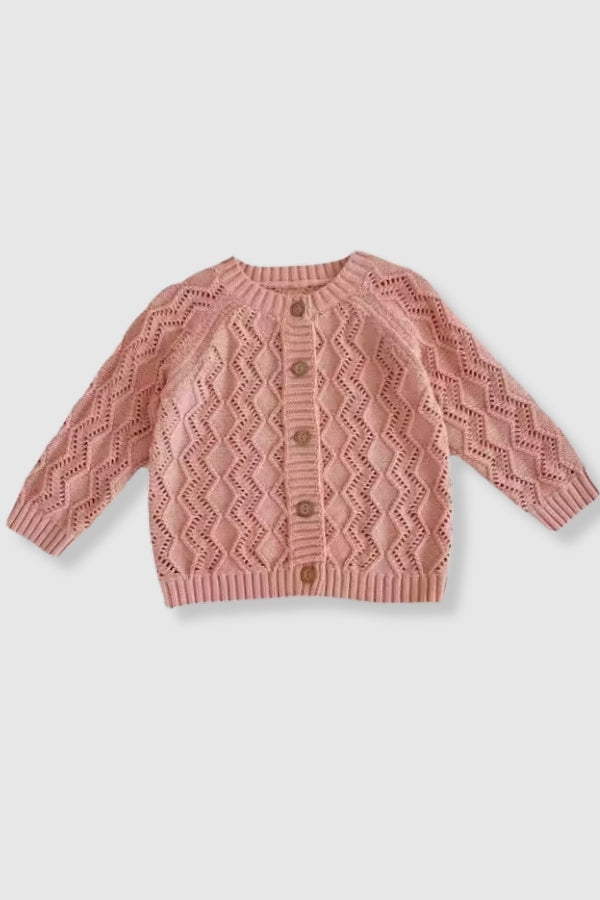 100% Cotton Knit Sweater Cardigan with Zig Zag Detail - Pink