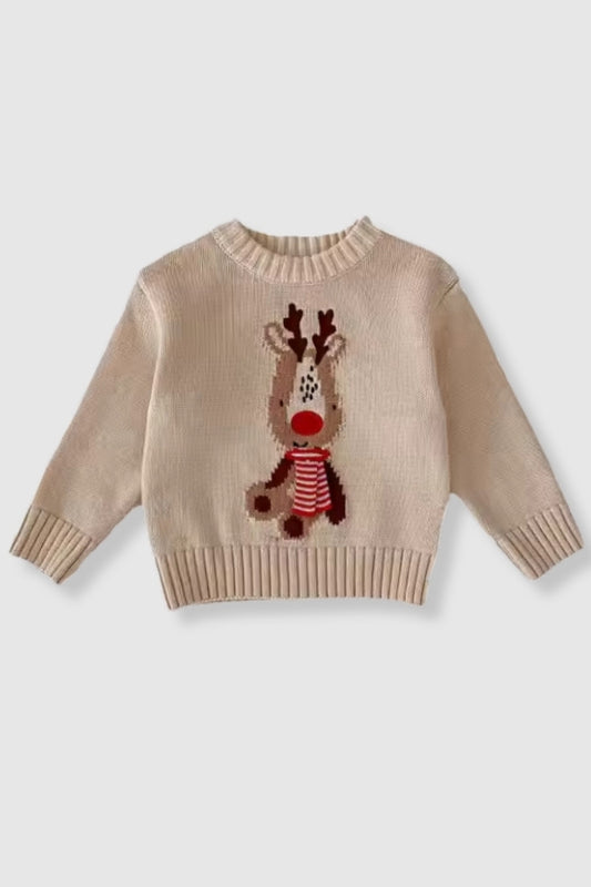 (PREORDER SEPT) 100% Cotton Knit Christmas Sweater with Reindeer & Tie Detail