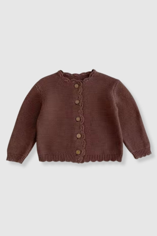 100% Cotton Knit Scalloped Sweater Cardigan - Brown