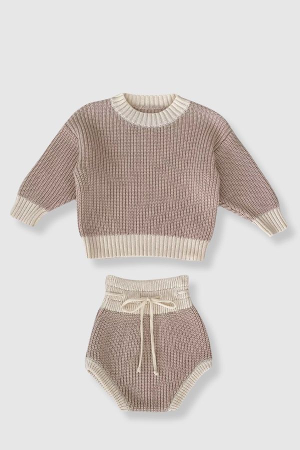 100% Cotton Knit Sweatpants Two-Piece Set - Taupe/Cream (Pants)