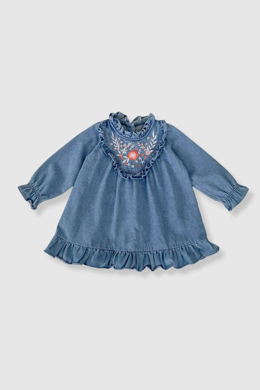 100% Cotton Denim Long Sleeve Dress with Embroidery Detail