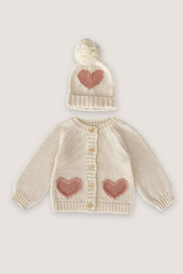 (PREORDER SEPTEMBER) 100% Cotton Heart Knit Cardigan or Onesie & Beanie Set - Sibling Matching