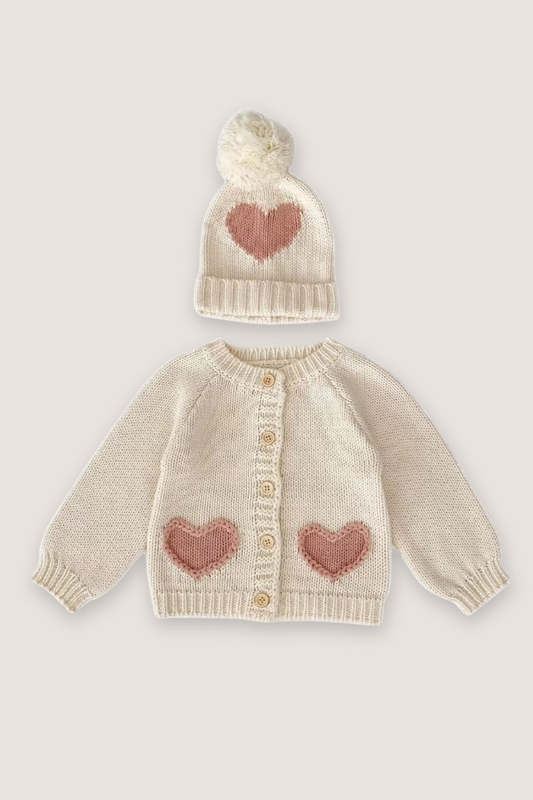(PREORDER SEPTEMBER) 100% Cotton Heart Knit Cardigan or Onesie & Beanie Set - Sibling Matching
