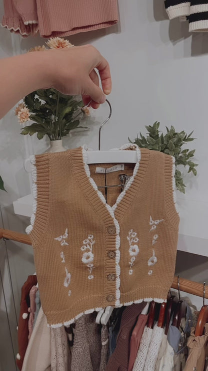 100% Cotton Knit Sweater Vest with Floral Embroidery - Mustard | Mommy & Me